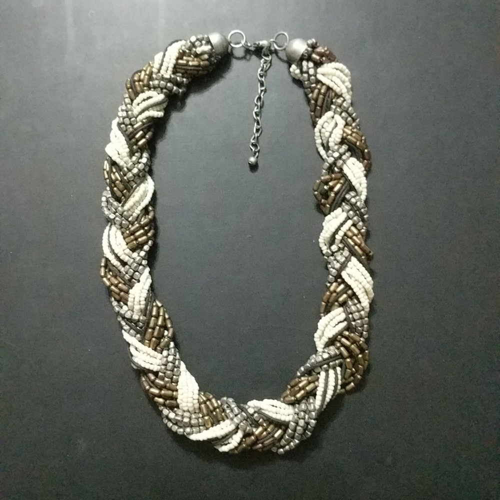 Bronze Grey White Braided Beaded Statement Necklace